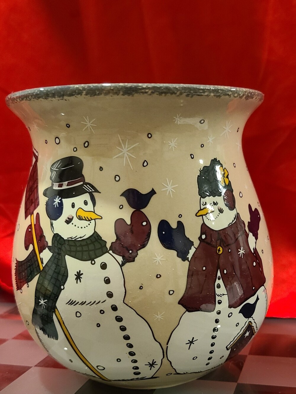 Festive Snowman Ceramic Vase - Cream with Brown, Green & Navy Accents